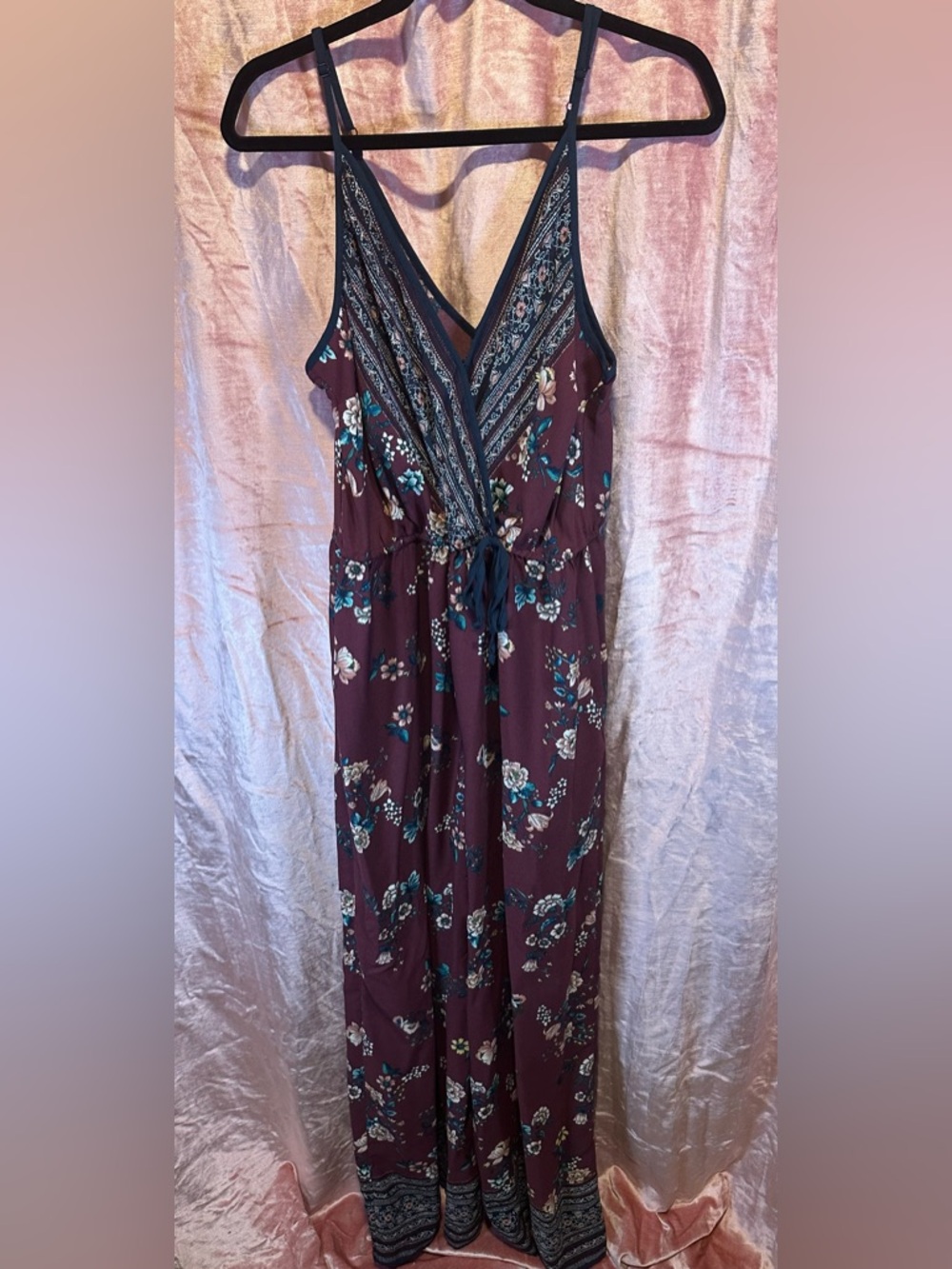 Xhilaration Maroon Floral Maxi Jumpsuit with Navy Trim